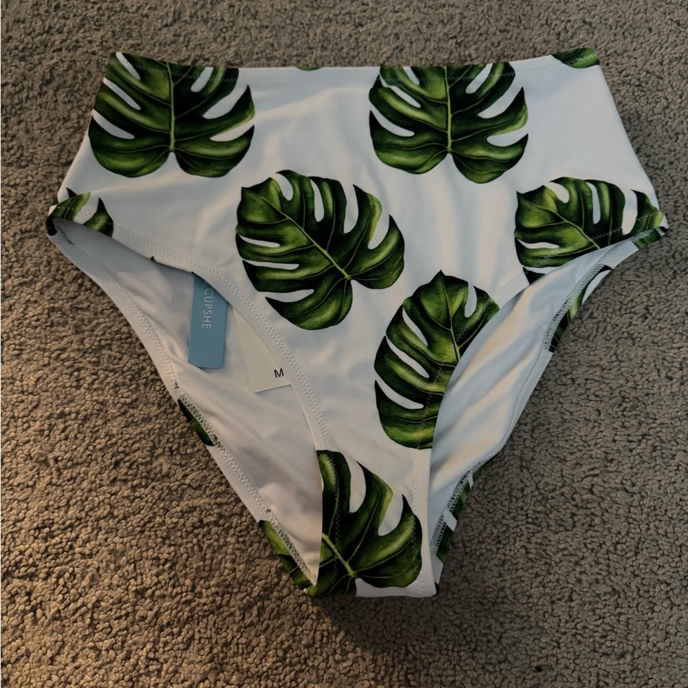 Cupshe White High-Waist Bikini Bottom with Green Tropical Leaf Print